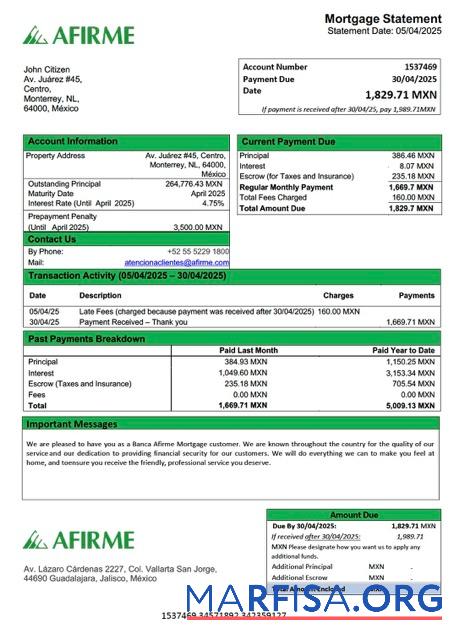Printable Mexico Banca Afirme mortgage statement Word and PDF template